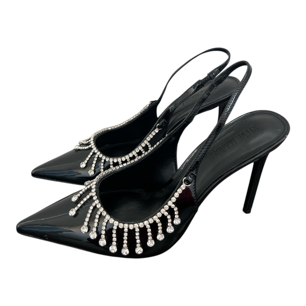 Steve Madden Black Patent Slingback Heels Rhinestone Fringe Pointed Toe Size 10 - Picture 4 of 6